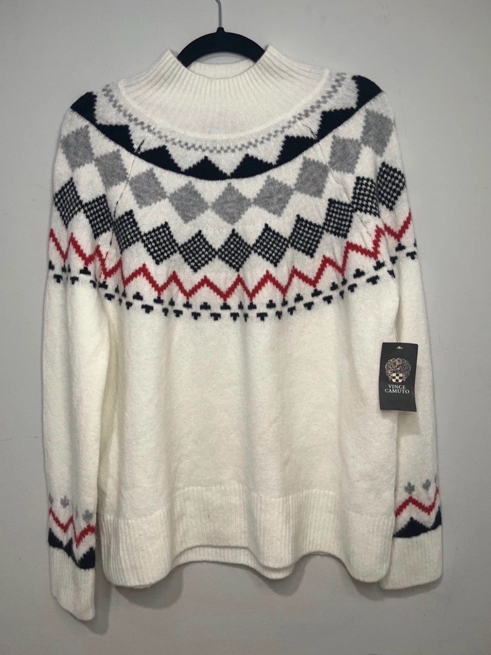 Vince Camuto Women's White Fair Isle Mock Neck Sweater NWT size M